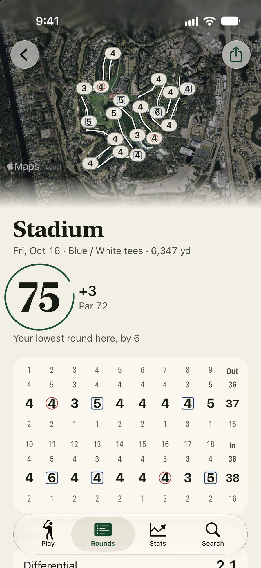 The finish at TPC Sawgrass: every hole's score on its green from above, then a 75, 3 over par, the golfer's lowest round there by 6, with the full scorecard: two birdies and no doubles.