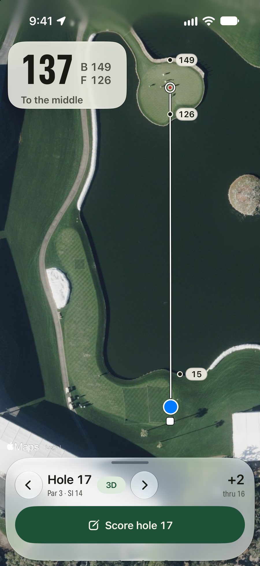 Yardstick on the 17th at TPC Sawgrass Stadium, the island-green par 3: 137 yards to the middle of the green, 126 to the front and 149 to the back, with the water 15 yards ahead labelled on the satellite photo.