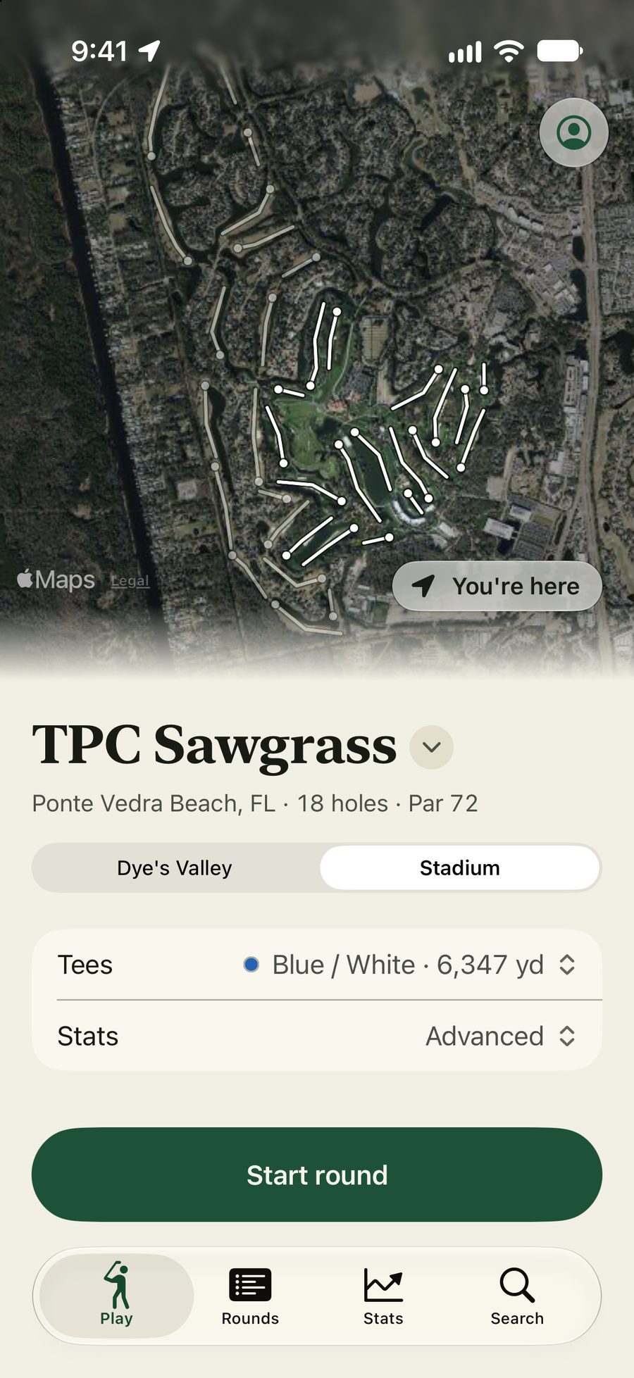 The Play tab at TPC Sawgrass in Ponte Vedra Beach, Florida: the Stadium course from above with its routing, the Blue / White tees chosen, and one button to start the round.