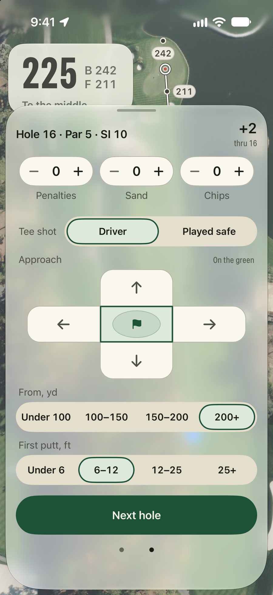The second page of scoring on the 16th: no penalties, sand shots or chips, driver off the tee, the approach on the green from 200+ yards, and a first putt of 6–12 feet.