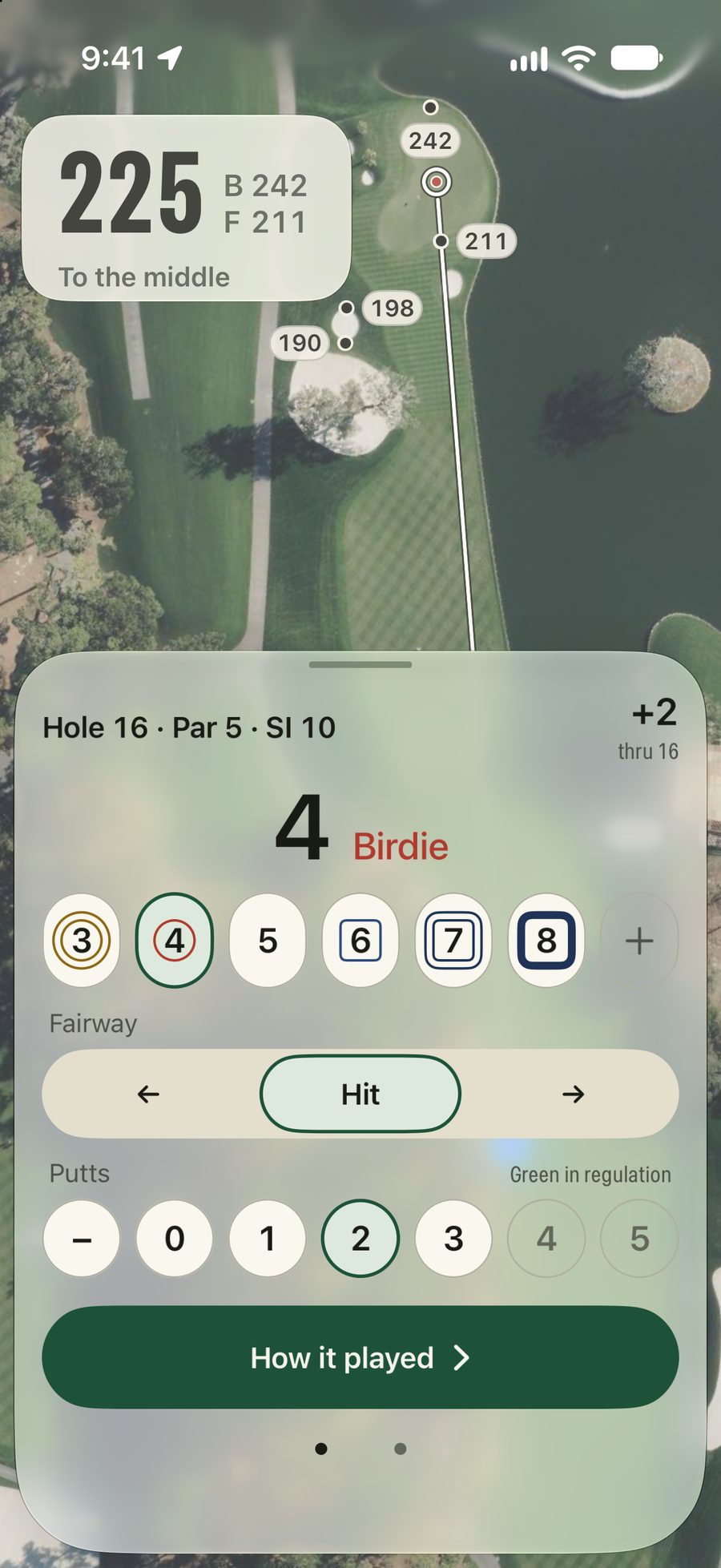 Scoring the par-5 16th at TPC Sawgrass: a birdie 4, fairway hit and 2 putts, with 225 yards to the middle of the green above, and +2 through 16.