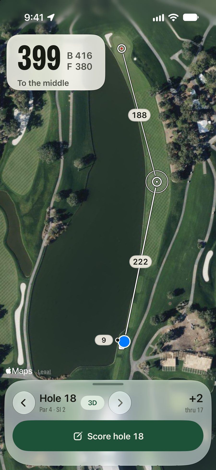 A target dropped in the 18th fairway at TPC Sawgrass: 222 yards to it and 188 left to the green, with the miss circle around it and the water down the left.