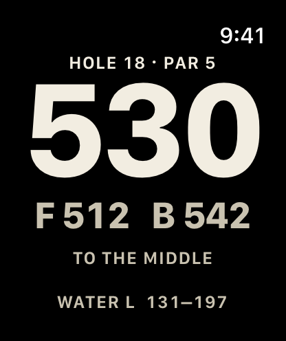 Yardstick on Apple Watch on a par-5 18th: 530 yards to the middle, 512 to the front and 542 to the back, with water on the left from 131 to 197.